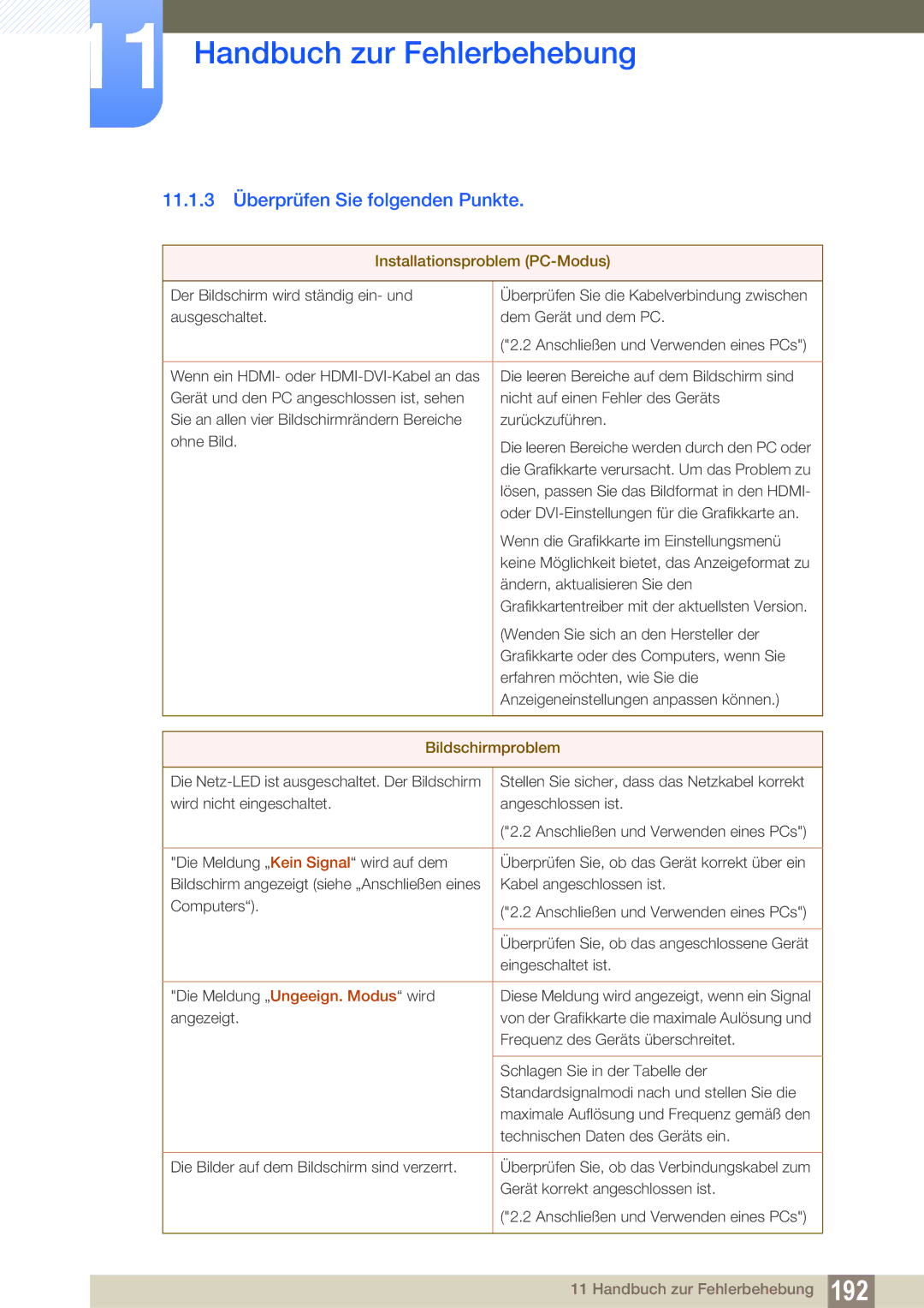 Samsung LH55MEPLGC/EN manual 11.1.3 Überprüfen Sie folgenden Punkte, Installationsproblem PC-Modus, Bildschirmproblem 