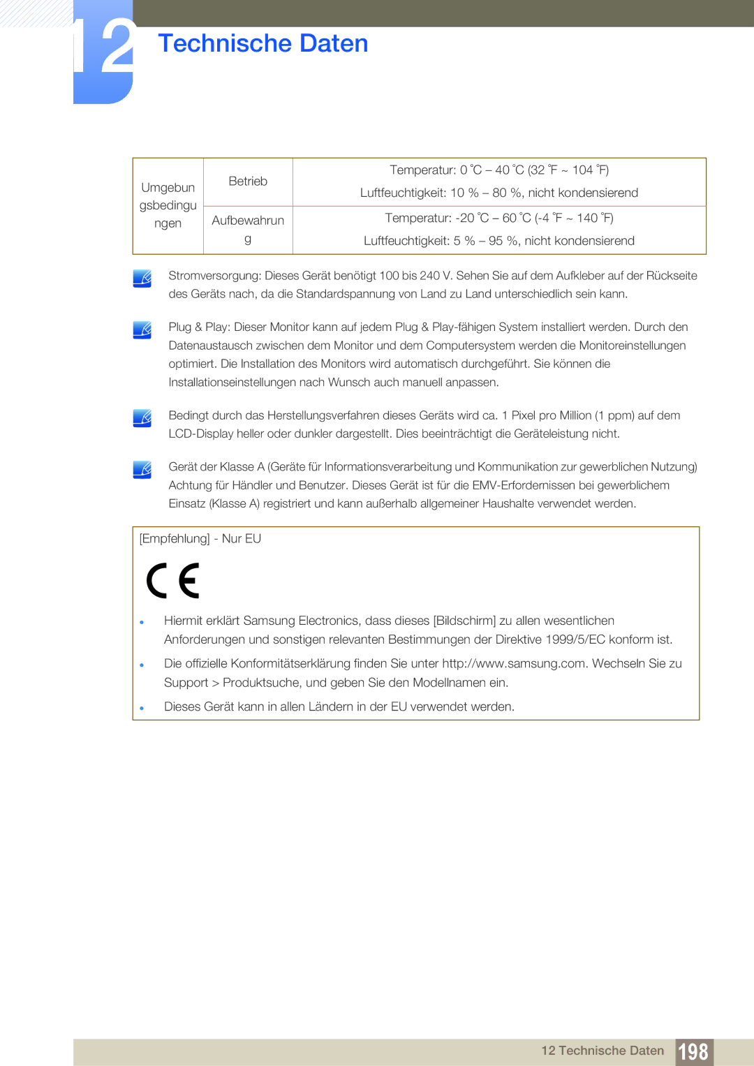 Samsung LH55UEPLGC/ZA, LH40DEPLGC/EN, LH46DEPLGC/EN, LH55DEPLGC/EN manual Betrieb Temperatur 0 ˚C 40 ˚C 32 ˚F ~ 104 ˚F Umgebun 