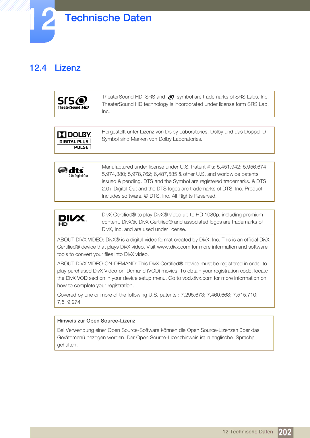 Samsung LH46UEPLGC/EN, LH40DEPLGC/EN, LH46DEPLGC/EN, LH55UEPLGC/ZA, LH55DEPLGC/EN, LH55UEAPLGC/EN, LH46MEPLGC/EN manual Lizenz 