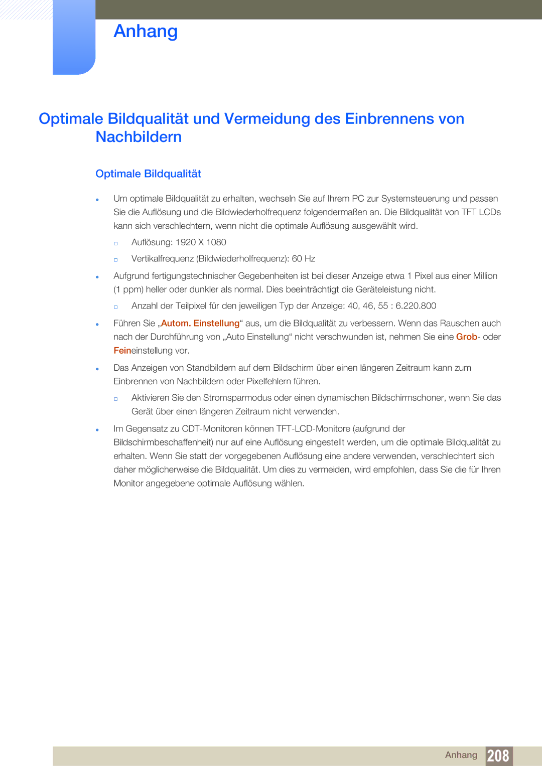 Samsung LH55DEAPLBC/EN, LH40DEPLGC/EN, LH46DEPLGC/EN, LH55UEPLGC/ZA, LH55DEPLGC/EN, LH55UEAPLGC/EN manual Optimale Bildqualität 