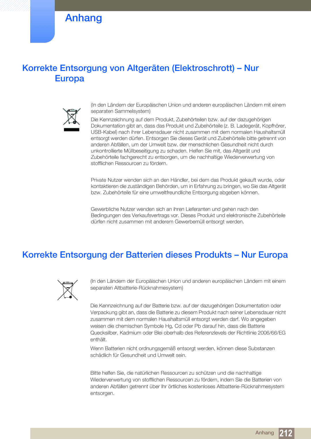 Samsung LH55UEPLGC/ZA, LH40DEPLGC/EN, LH46DEPLGC/EN manual Korrekte Entsorgung von Altgeräten Elektroschrott Nur Europa 