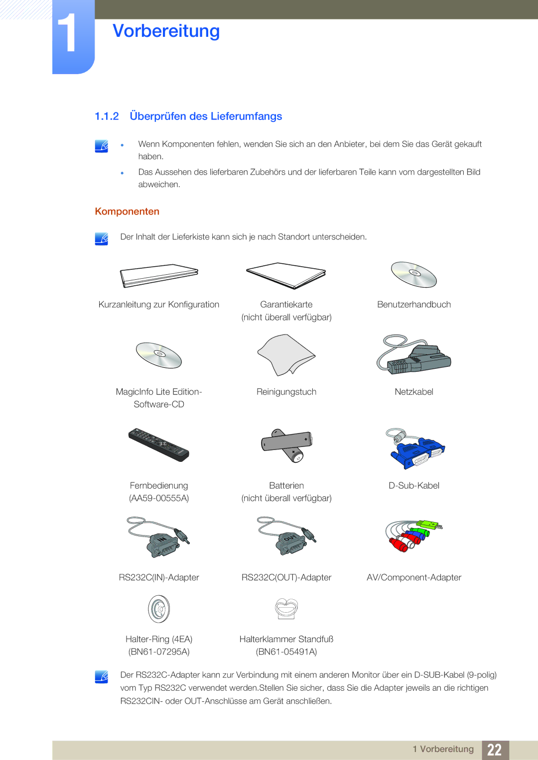 Samsung LH40MEPLGC/EN, LH40DEPLGC/EN, LH46DEPLGC/EN, LH55UEPLGC/ZA, LH55DEPLGC/EN 2 Überprüfen des Lieferumfangs, Komponenten 