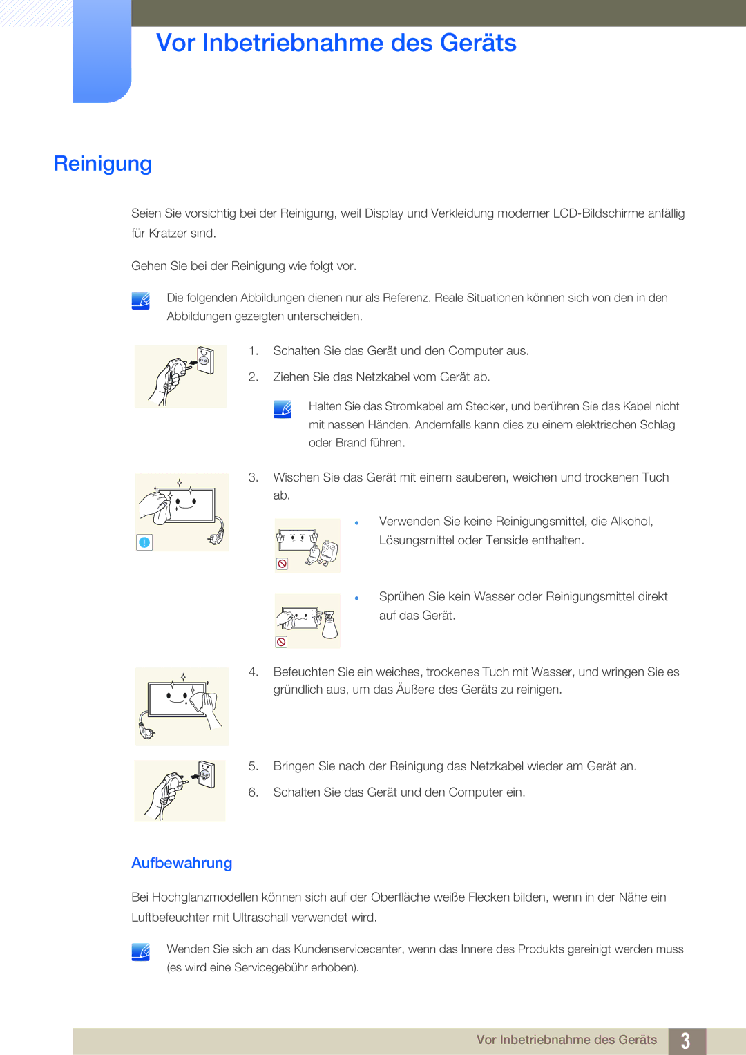 Samsung LH55DEPLGC/EN, LH40DEPLGC/EN, LH46DEPLGC/EN, LH55UEPLGC/ZA, LH55UEAPLGC/EN, LH46MEPLGC/EN manual Reinigung, Aufbewahrung 