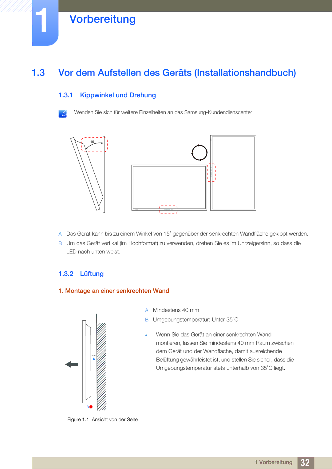 Samsung LH55UEAPLGC/EN manual Vor dem Aufstellen des Geräts Installationshandbuch, Kippwinkel und Drehung, 2 Lüftung 