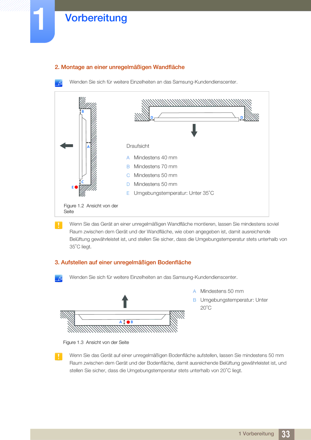 Samsung LH46MEPLGC/EN manual Montage an einer unregelmäßigen Wandfläche, Aufstellen auf einer unregelmäßigen Bodenfläche 