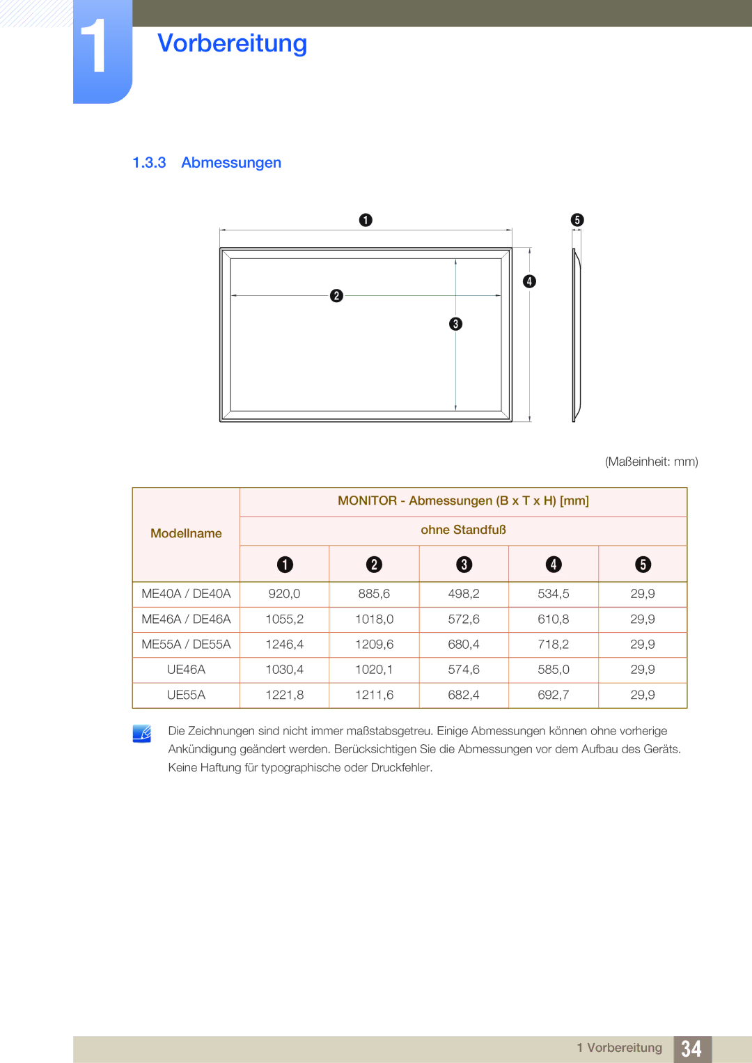 Samsung LH46UEPLGC/EN, LH40DEPLGC/EN, LH46DEPLGC/EN manual Monitor Abmessungen B x T x H mm Modellname Ohne Standfuß 