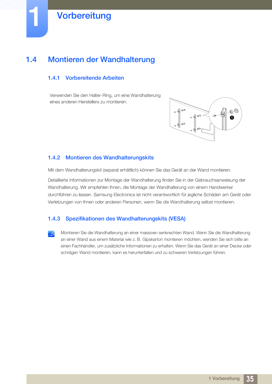 Samsung LH55UEPLGC/EN, LH40DEPLGC/EN Montieren der Wandhalterung, Vorbereitende Arbeiten, Montieren des Wandhalterungskits 