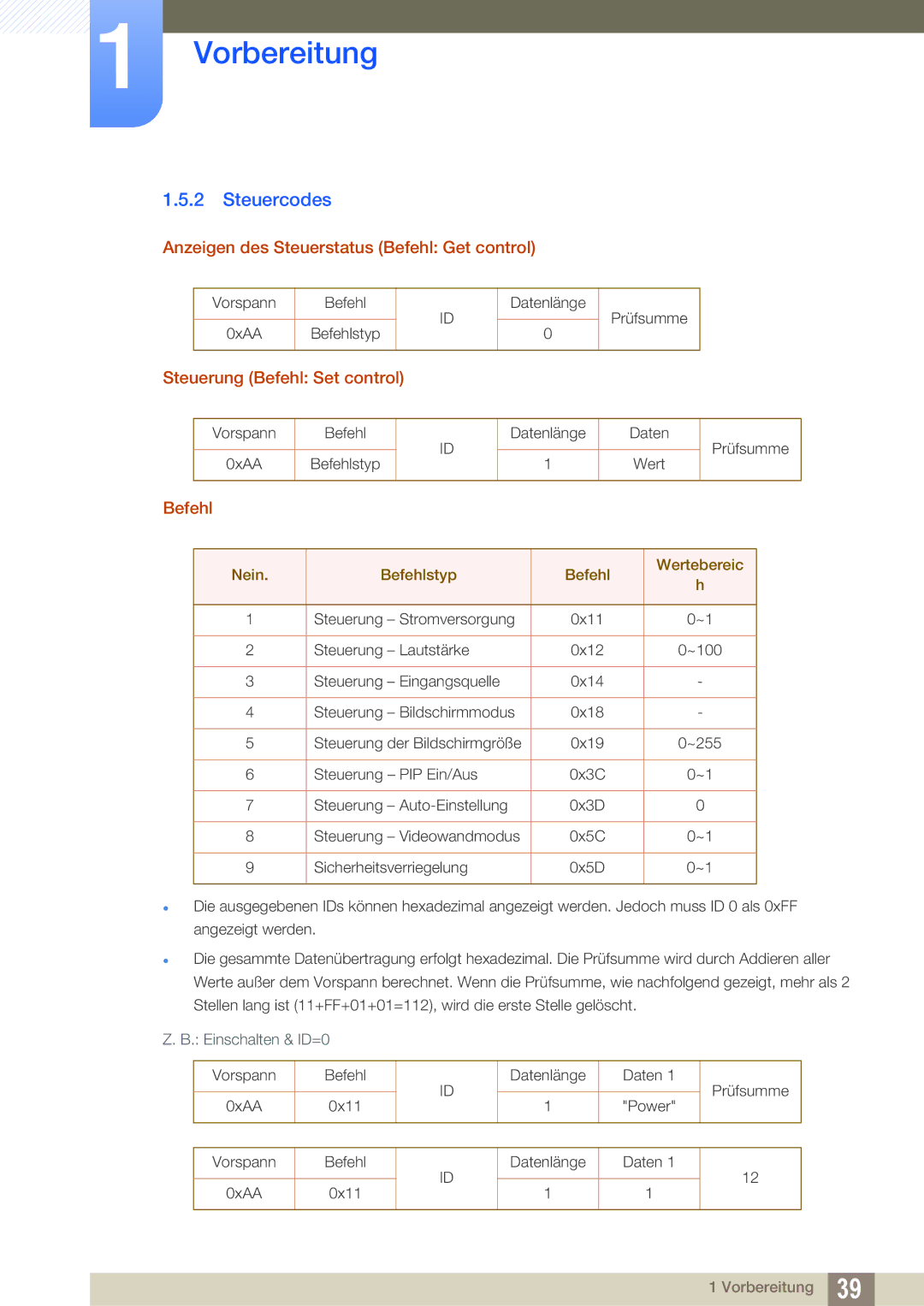 Samsung LH40DEAPLBC/EN manual Steuercodes, Anzeigen des Steuerstatus Befehl Get control, Steuerung Befehl Set control 