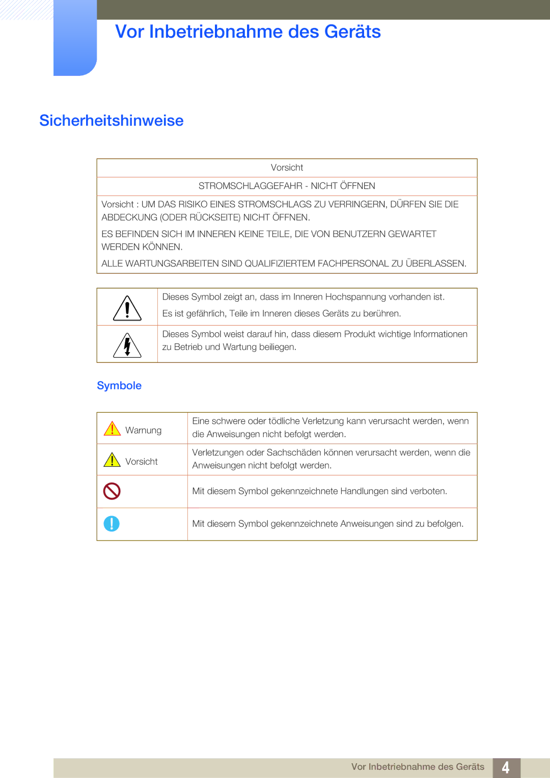 Samsung LH55UEAPLGC/EN, LH40DEPLGC/EN, LH46DEPLGC/EN, LH55UEPLGC/ZA, LH55DEPLGC/EN, LH46MEPLGC/EN Sicherheitshinweise, Symbole 