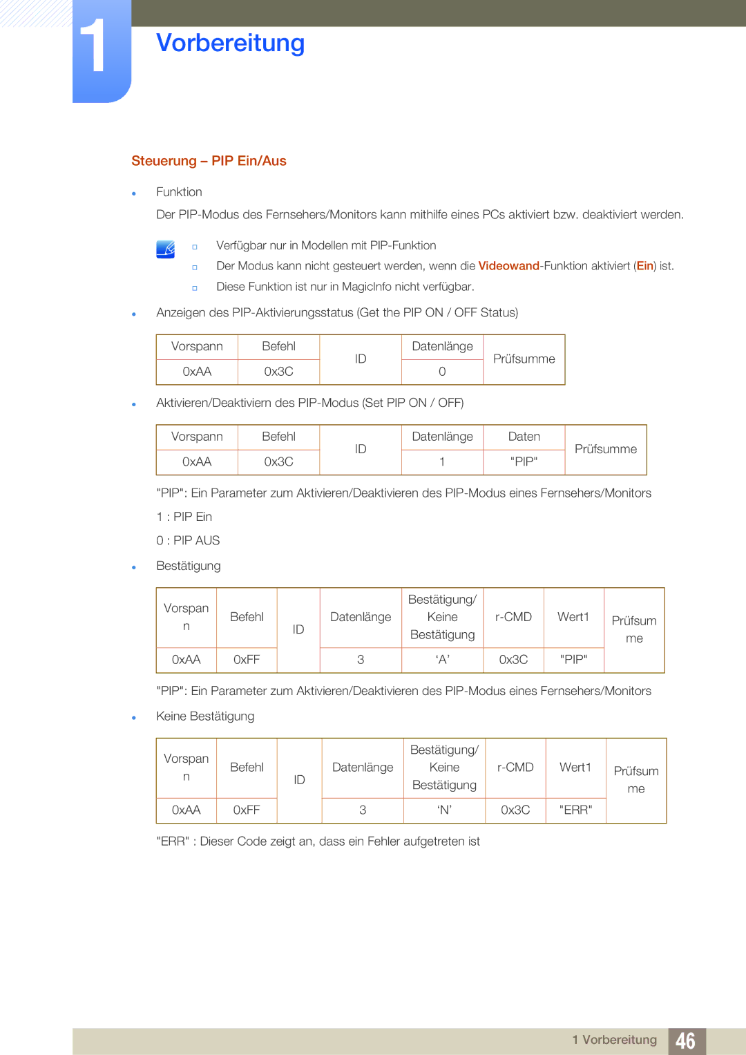 Samsung LH55UEAPLGC/EN, LH40DEPLGC/EN, LH46DEPLGC/EN, LH55UEPLGC/ZA, LH55DEPLGC/EN manual Steuerung PIP Ein/Aus, Pip Aus 