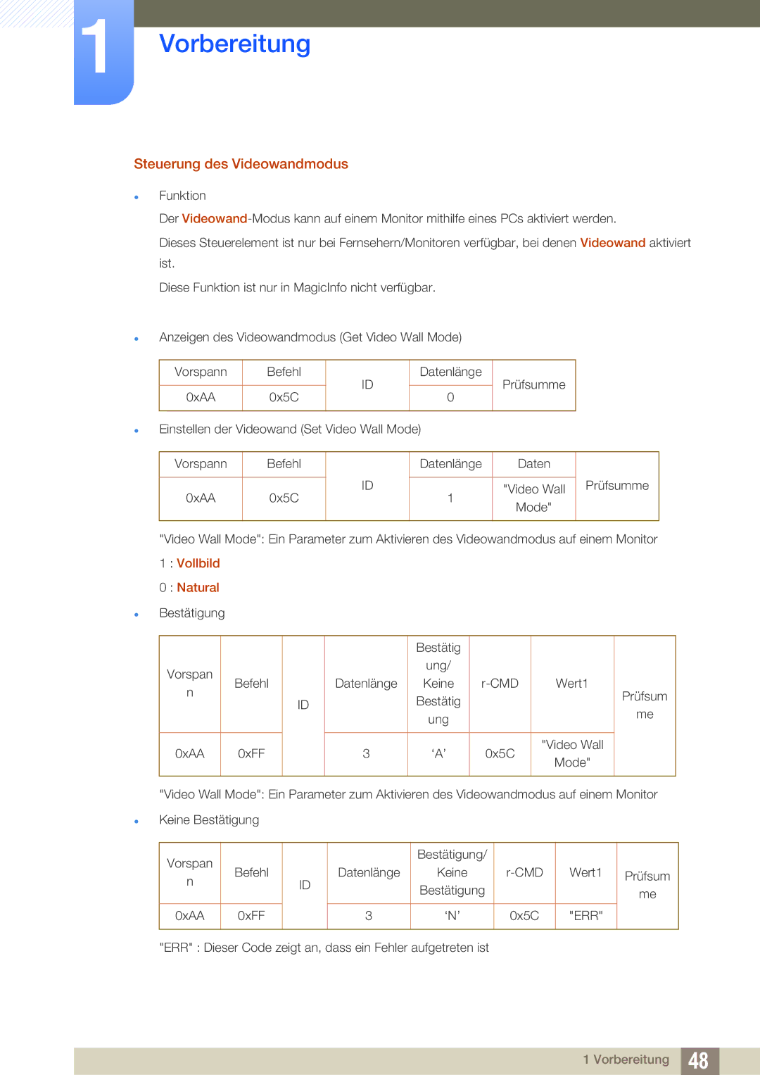 Samsung LH46UEPLGC/EN, LH40DEPLGC/EN, LH46DEPLGC/EN, LH55UEPLGC/ZA manual Steuerung des Videowandmodus, Vollbild Natural 