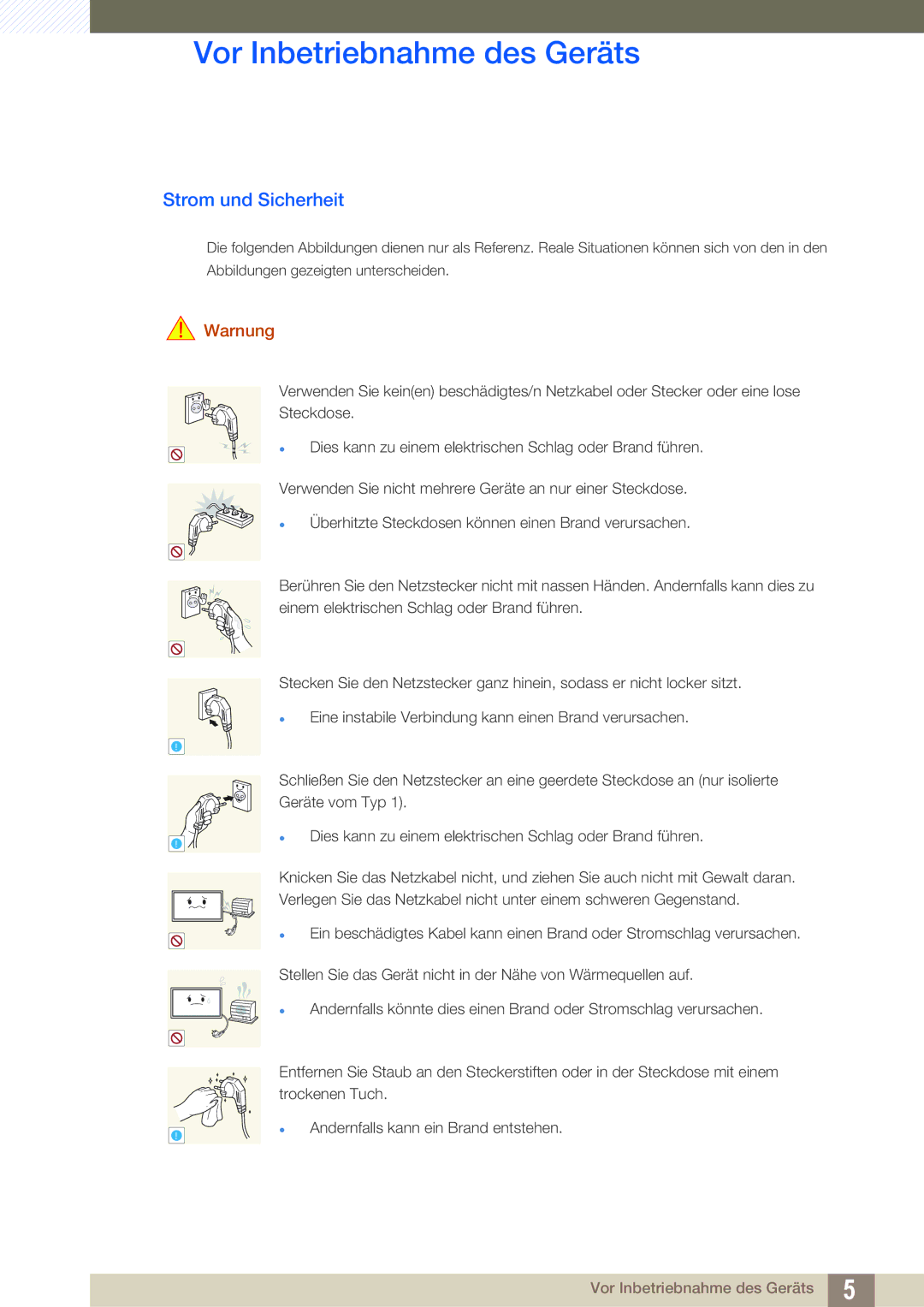 Samsung LH46MEPLGC/EN, LH40DEPLGC/EN, LH46DEPLGC/EN, LH55UEPLGC/ZA, LH55DEPLGC/EN, LH46UEPLGC/EN Strom und Sicherheit, Warnung 