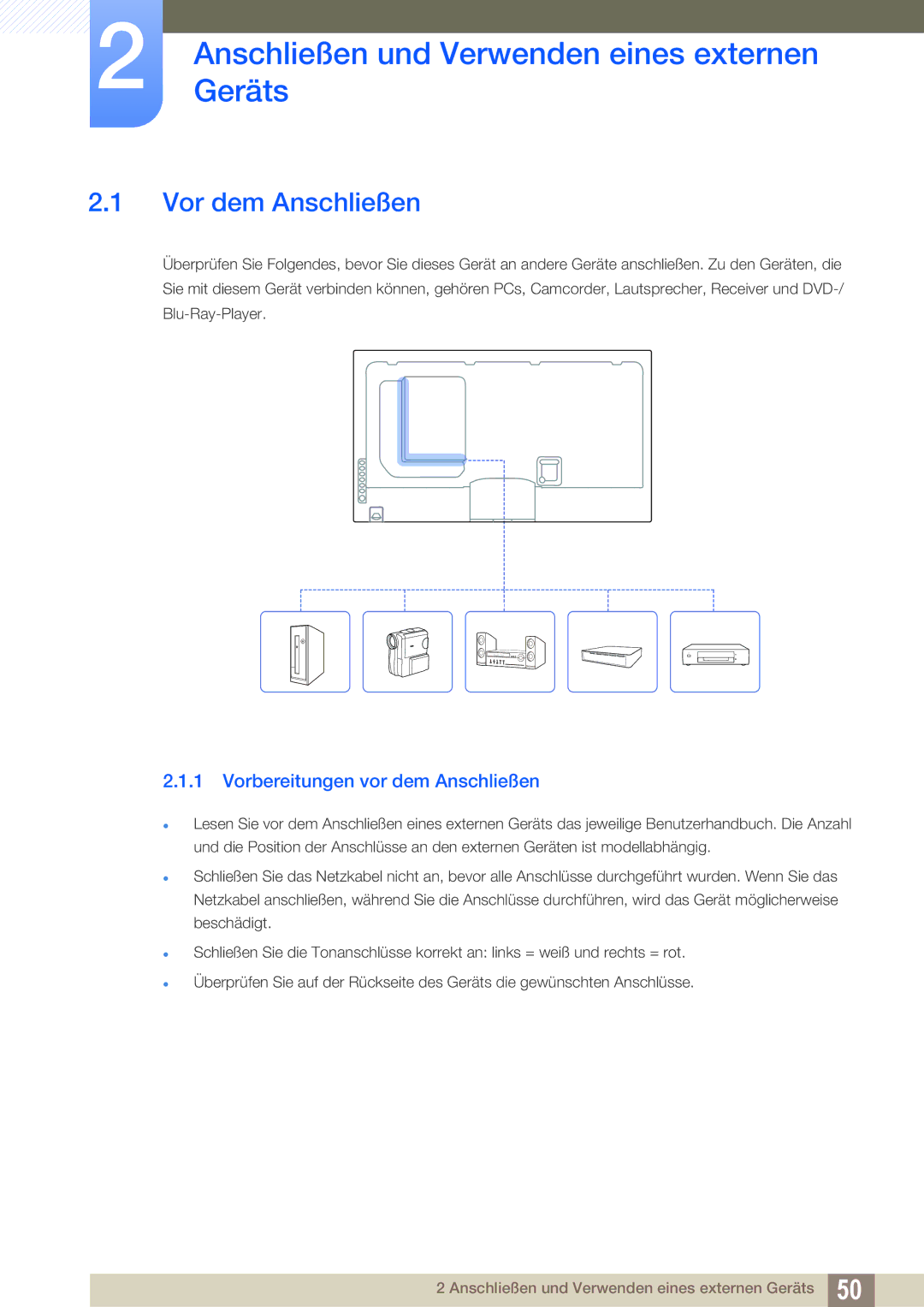 Samsung LH40MEPLGC/EN, LH40DEPLGC/EN, LH46DEPLGC/EN AnschließenGeräts und Verwenden eines externen, Vor dem Anschließen 