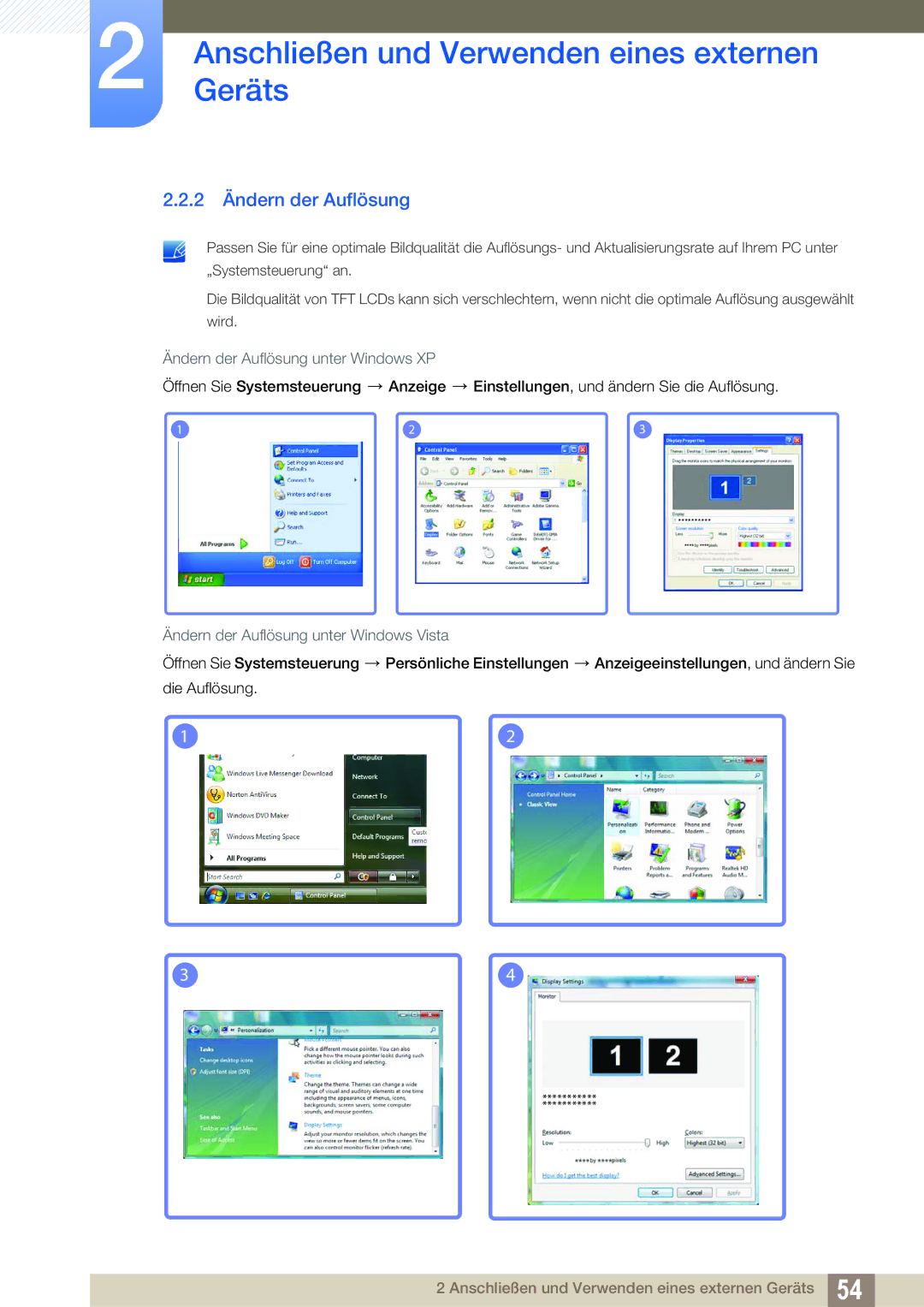 Samsung LH55DEAPLBC/EN, LH40DEPLGC/EN, LH46DEPLGC/EN manual 2 Ändern der Auflösung, Ändern der Auflösung unter Windows XP 