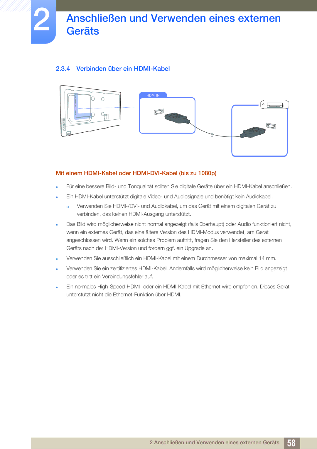 Samsung LH55UEPLGC/ZA, LH40DEPLGC/EN Verbinden über ein HDMI-Kabel, Mit einem HDMI-Kabel oder HDMI-DVI-Kabel bis zu 1080p 