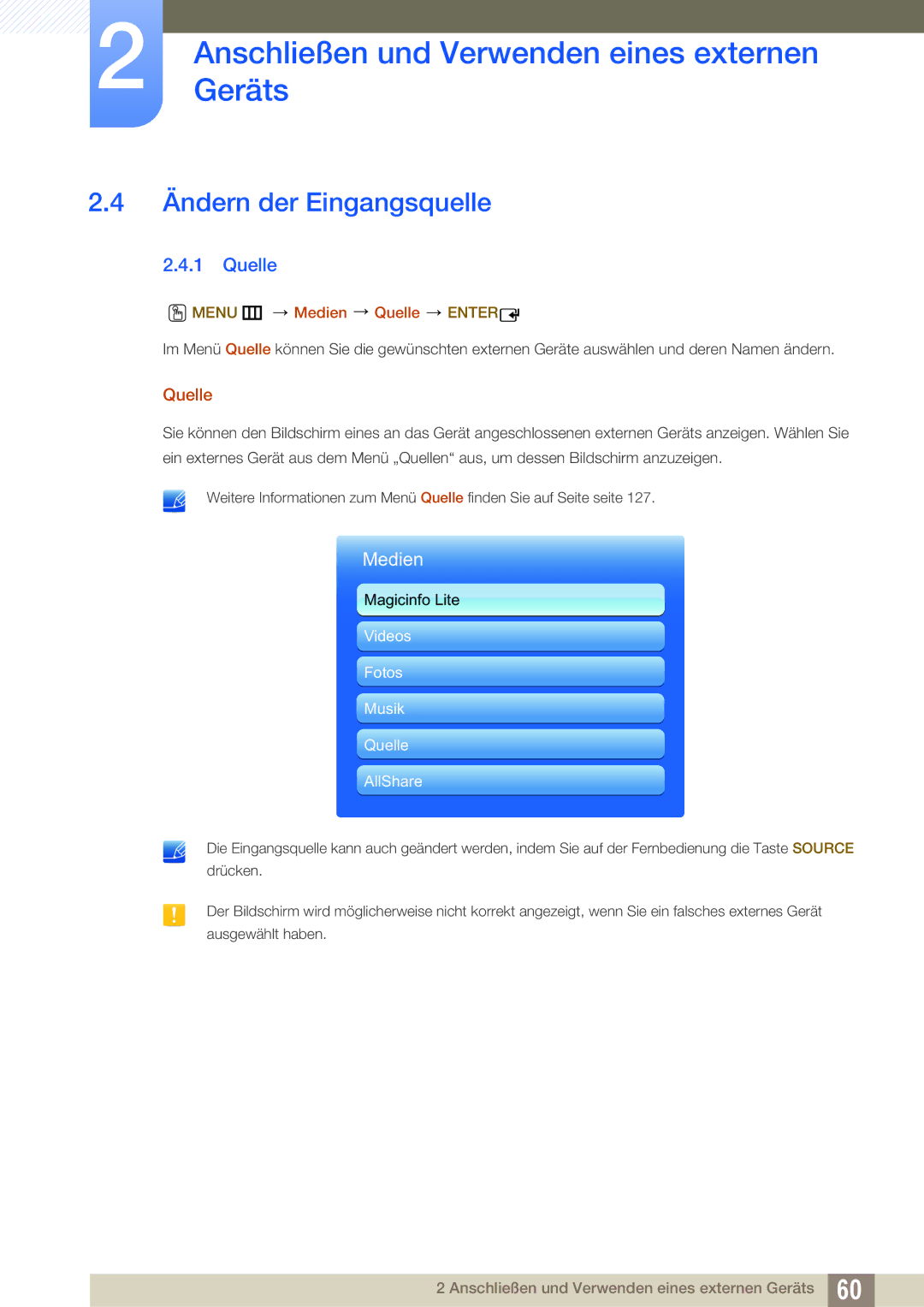 Samsung LH55UEAPLGC/EN, LH40DEPLGC/EN, LH46DEPLGC/EN manual Ändern der Eingangsquelle, Menu m Medien Quelle Enter 