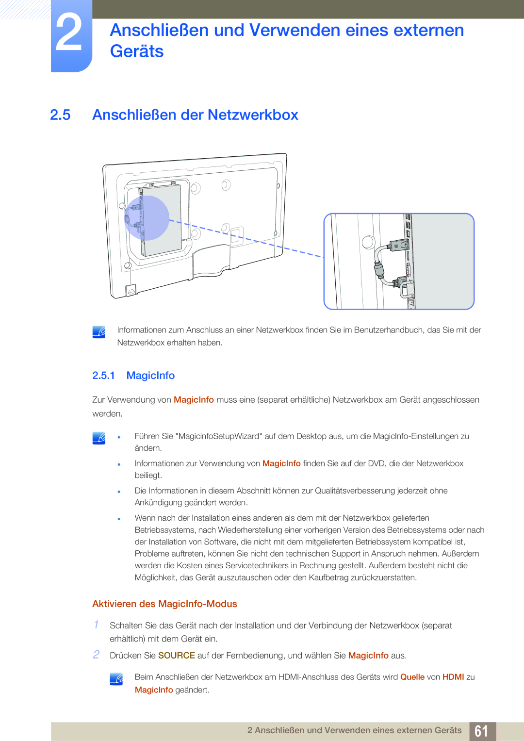 Samsung LH46MEPLGC/EN, LH40DEPLGC/EN Anschließen der Netzwerkbox, Aktivieren des MagicInfo-Modus, MagicInfo geändert 