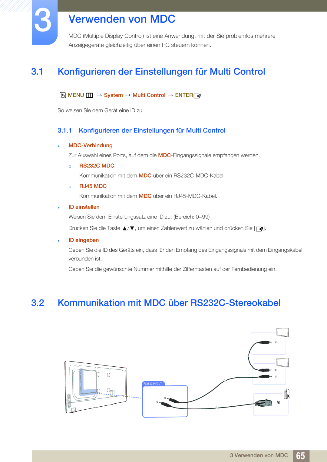 Samsung LH46UEAPLGC/EN, LH40DEPLGC/EN, LH46DEPLGC/EN Verwenden von MDC, Konfigurieren der Einstellungen für Multi Control 