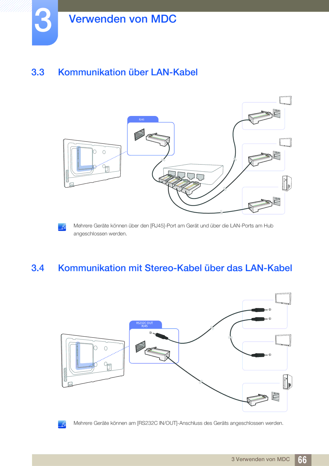 Samsung LH55MEPLGC/EN, LH40DEPLGC/EN manual Kommunikation über LAN-Kabel, Kommunikation mit Stereo-Kabel über das LAN-Kabel 