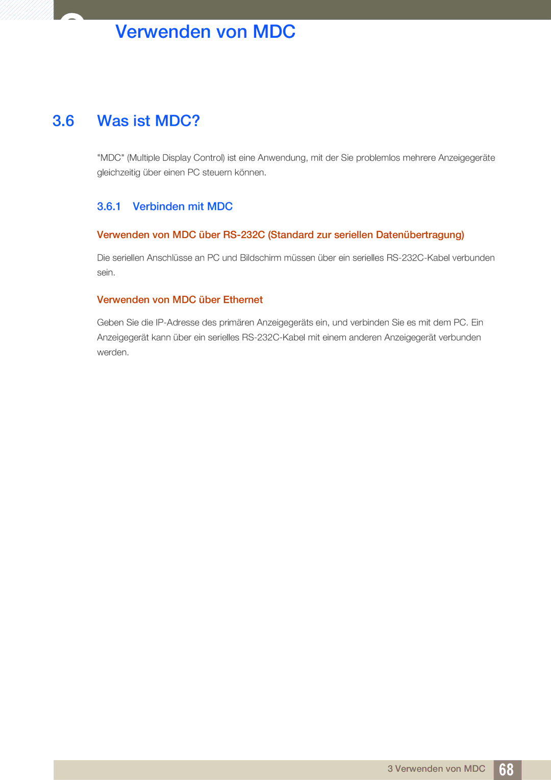 Samsung LH55DEAPLBC/EN, LH40DEPLGC/EN, LH46DEPLGC/EN manual Was ist MDC?, Verbinden mit MDC, Verwenden von MDC über Ethernet 