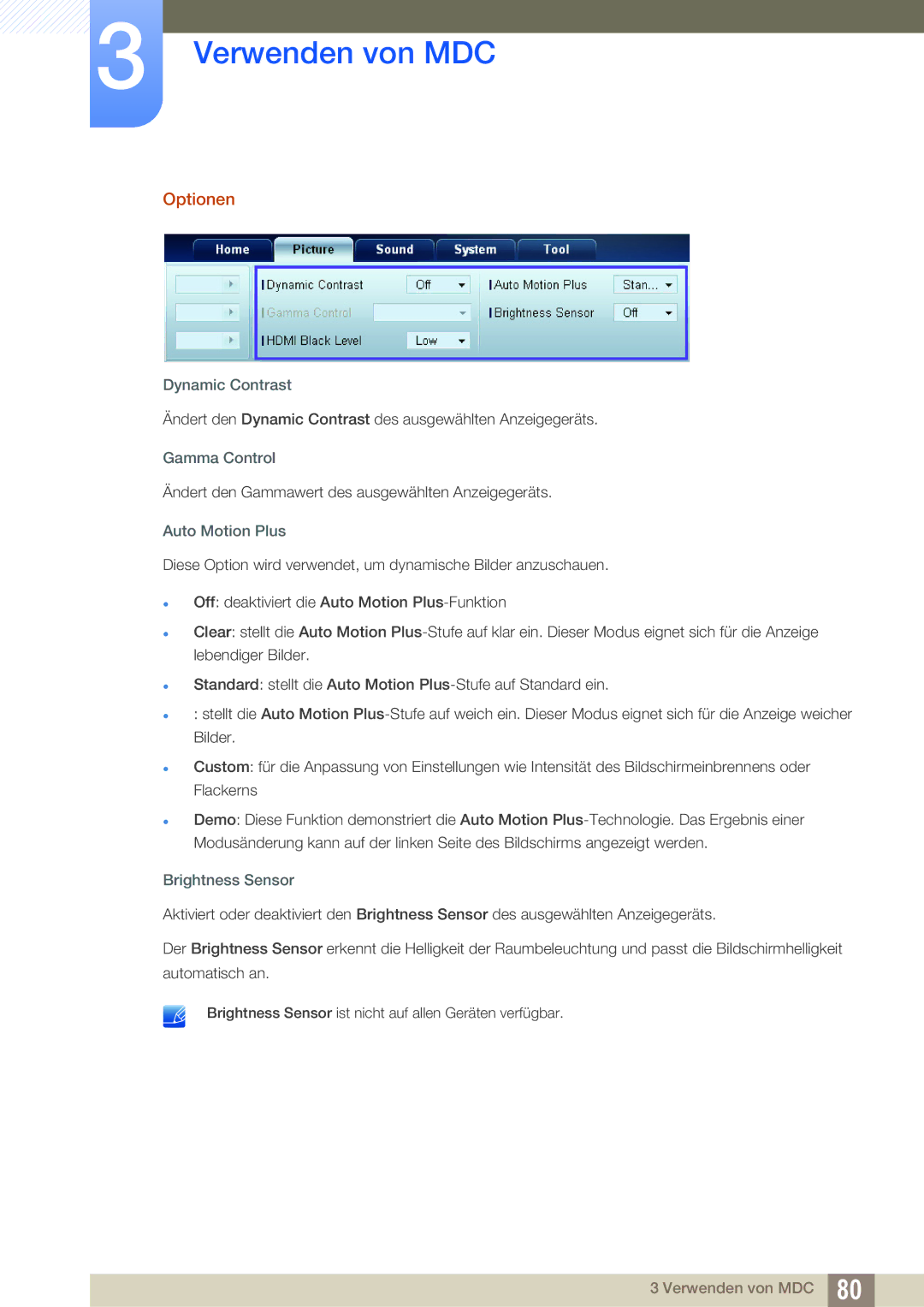 Samsung LH55MEPLGC/EN, LH40DEPLGC/EN manual Optionen, Dynamic Contrast, Gamma Control, Auto Motion Plus, Brightness Sensor 