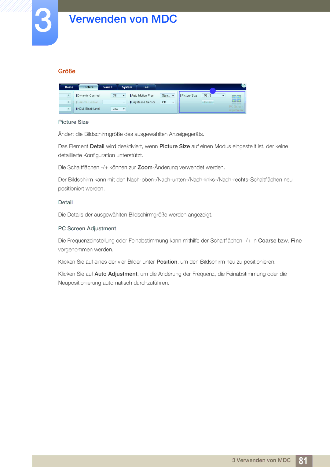Samsung LH40DEAPLBC/EN, LH40DEPLGC/EN, LH46DEPLGC/EN, LH55UEPLGC/ZA manual Größe, Picture Size, Detail, PC Screen Adjustment 
