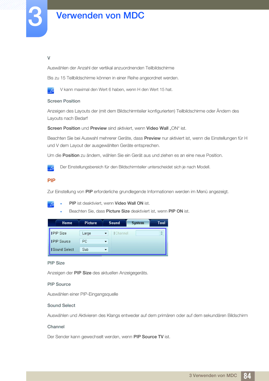 Samsung LH40DEPLGC/EN, LH46DEPLGC/EN, LH55UEPLGC/ZA, LH55DEPLGC/EN manual Screen Position, PIP Size, PIP Source, Sound Select 