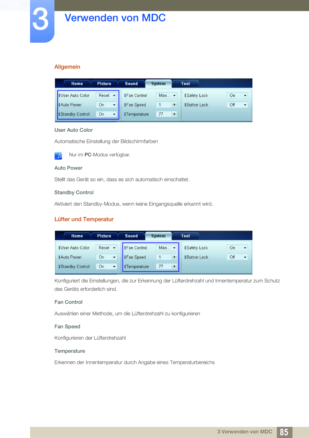 Samsung LH46DEPLGC/EN, LH40DEPLGC/EN, LH55UEPLGC/ZA, LH55DEPLGC/EN, LH55UEAPLGC/EN manual Allgemein, Lüfter und Temperatur 