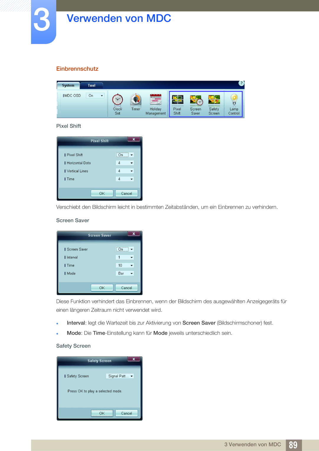 Samsung LH46MEPLGC/EN, LH40DEPLGC/EN, LH46DEPLGC/EN, LH55UEPLGC/ZA Einbrennschutz, Pixel Shift, Screen Saver, Safety Screen 