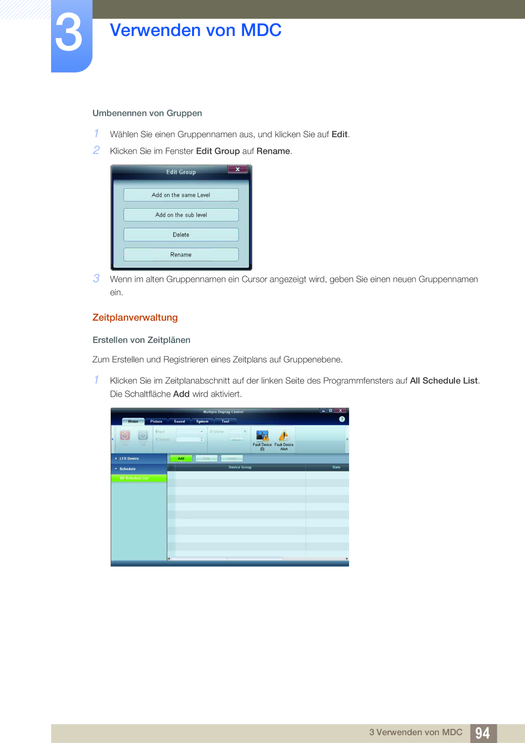 Samsung LH55MEPLGC/EN, LH40DEPLGC/EN, LH46DEPLGC/EN Zeitplanverwaltung, Umbenennen von Gruppen, Erstellen von Zeitplänen 