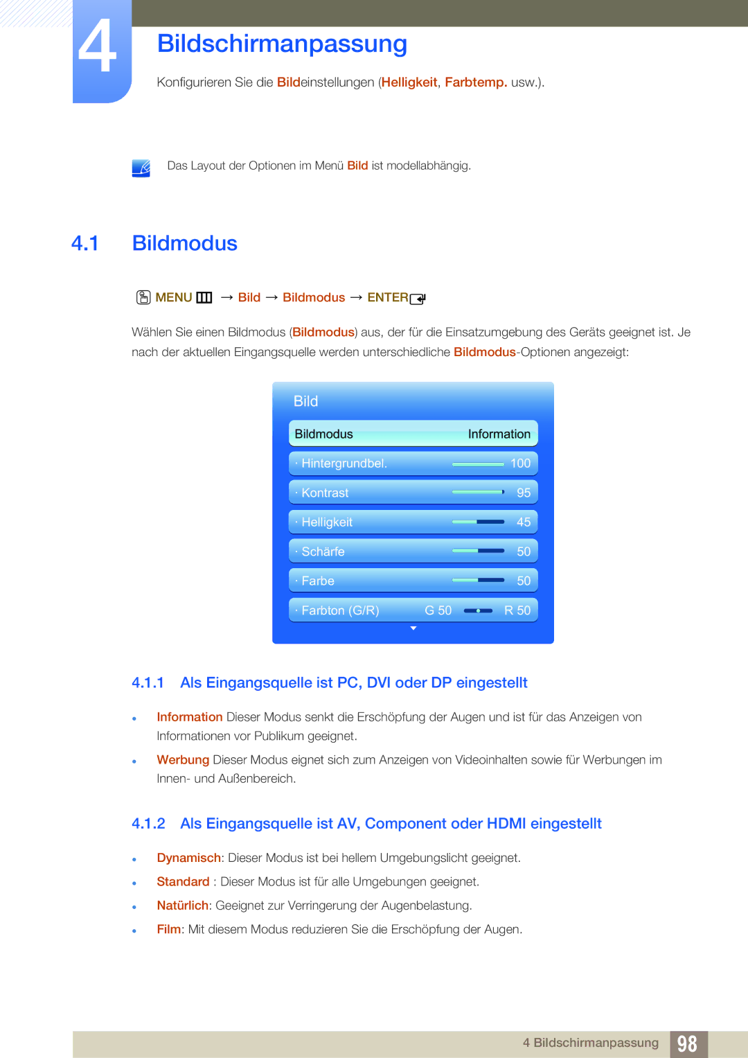 Samsung LH40DEPLGC/EN, LH46DEPLGC/EN Bildschirmanpassung, Bildmodus, Als Eingangsquelle ist PC, DVI oder DP eingestellt 