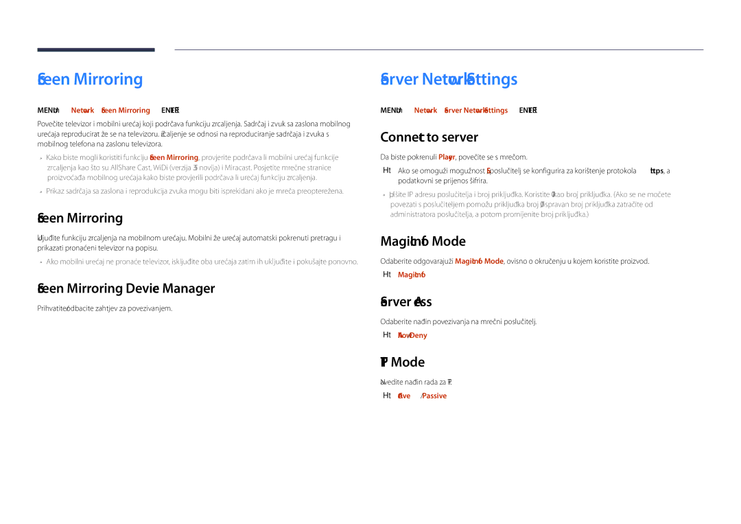 Samsung LH40DHDPLGC/EN manual Screen Mirroring, Server Network Settings 