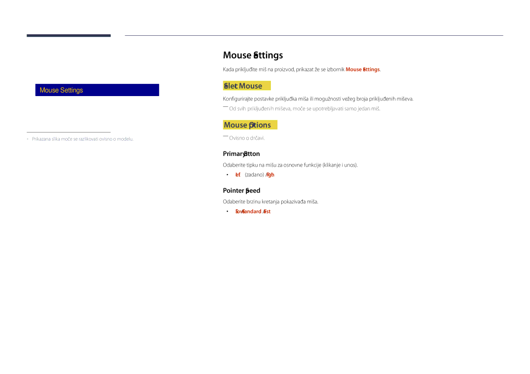 Samsung LH40DHDPLGC/EN manual Mouse Settings, Select Mouse, Mouse Options, Keyboard Settings, Slow / Standard / Fast 