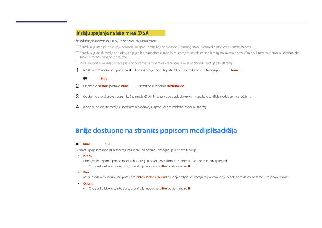 Samsung LH40DHDPLGC/EN Funkcije dostupne na stranici s popisom medijskih sadržaja, Slučaju spajanja na kućnu mrežu Dlna 