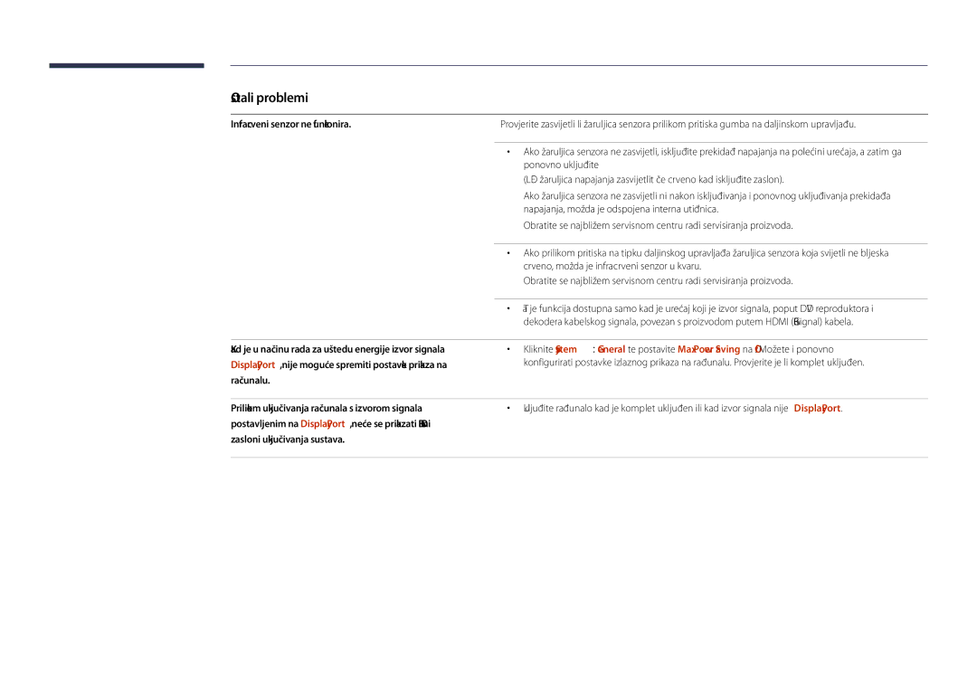 Samsung LH40DHDPLGC/EN manual Infracrveni senzor ne funkcionira 