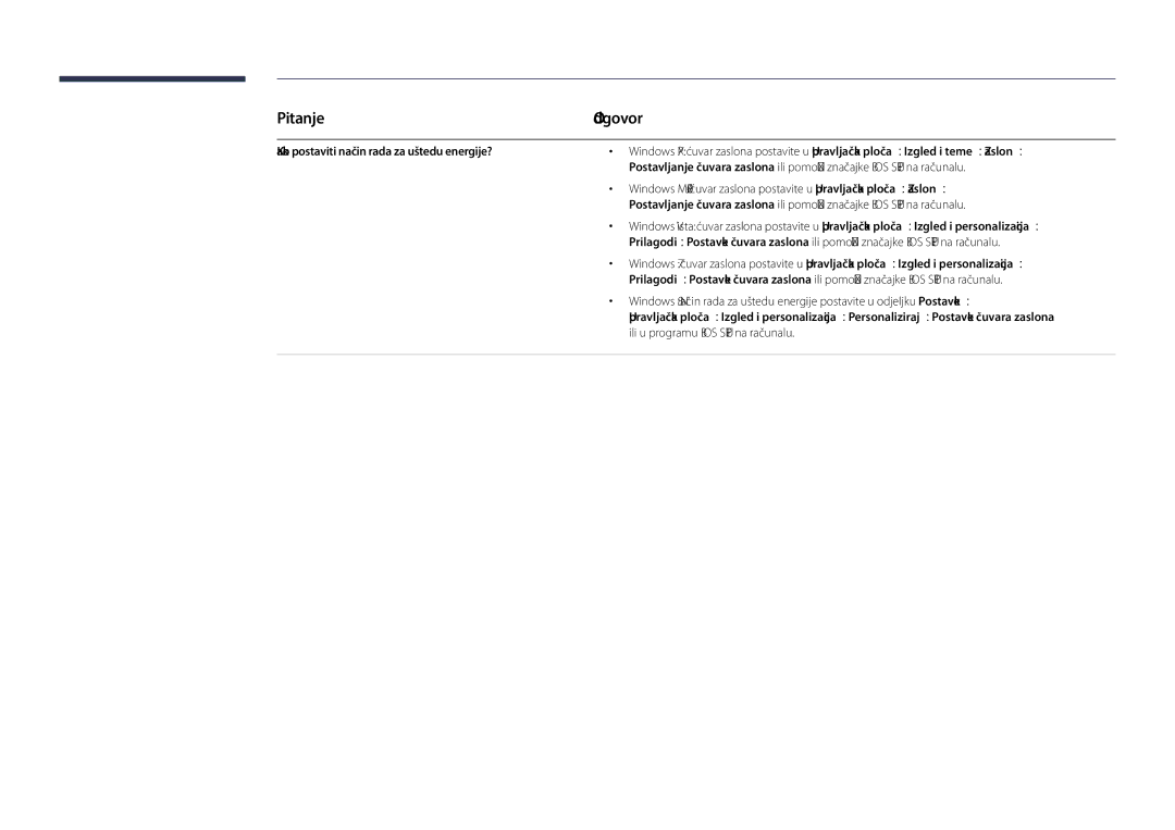 Samsung LH40DHDPLGC/EN manual Pitanje, Kako postaviti način rada za uštedu energije? 