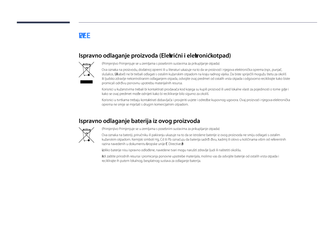 Samsung LH40DHDPLGC/EN manual Ispravno odlaganje proizvoda Električni i elektronički otpad 