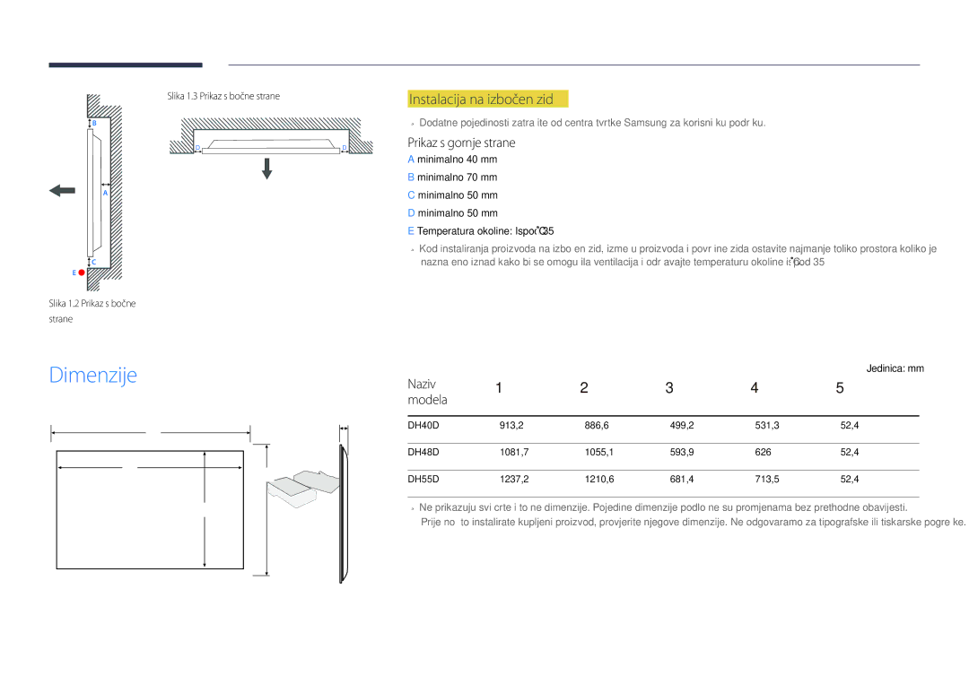 Samsung LH40DHDPLGC/EN manual Dimenzije, Instalacija na izbočen zid, Prikaz s gornje strane, Naziv Modela, Jedinica mm 