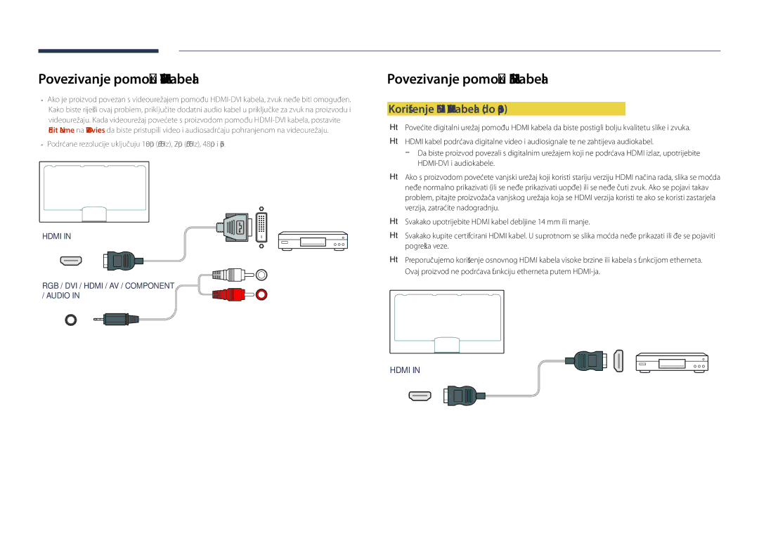 Samsung LH40DHDPLGC/EN manual Povezivanje pomoću HDMI-DVI kabela, Korištenje Hdmi ili HDMI/DVI kabela do 1080p 