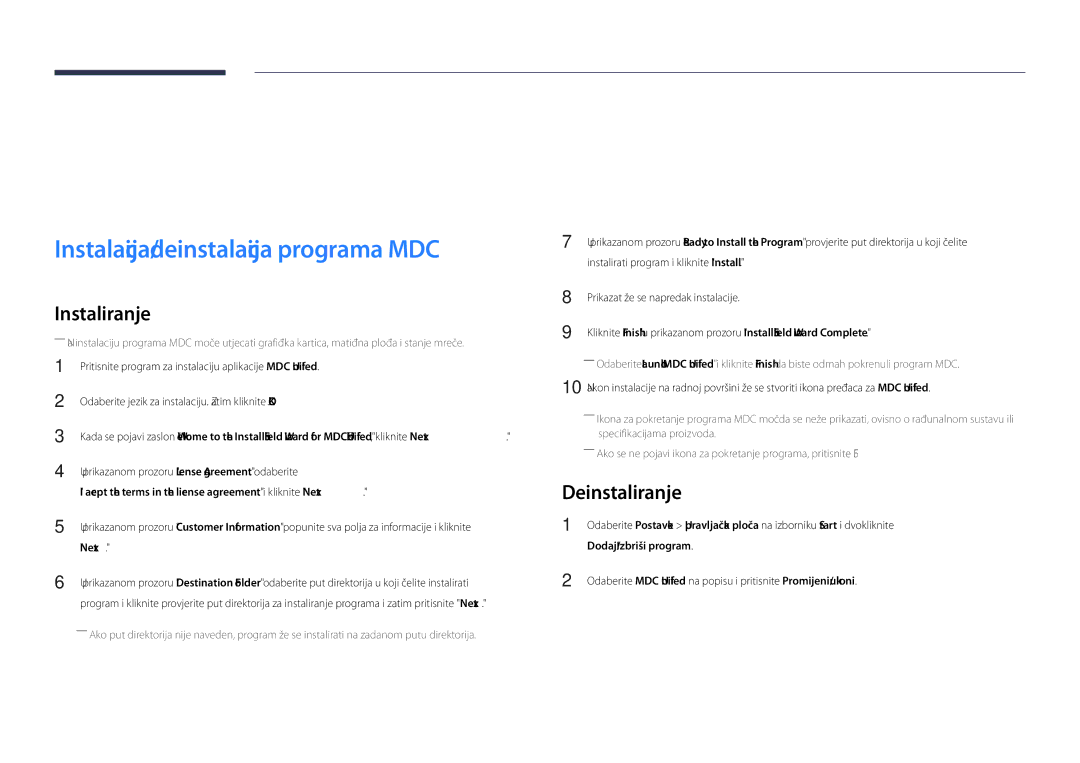 Samsung LH40DHDPLGC/EN manual Korištenje aplikacije MDC, Instalacija/deinstalacija programa MDC, Deinstaliranje 