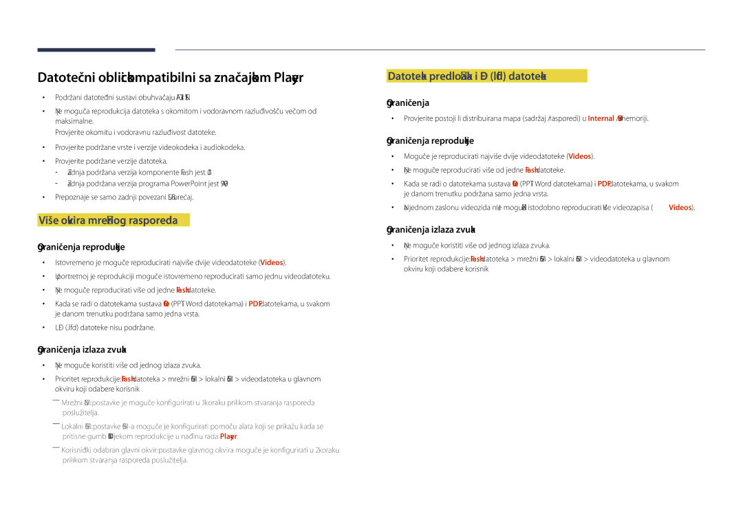 Samsung LH40DHDPLGC/EN manual Datotečni oblici kompatibilni sa značajkom Player, Više okvira mrežnog rasporeda 