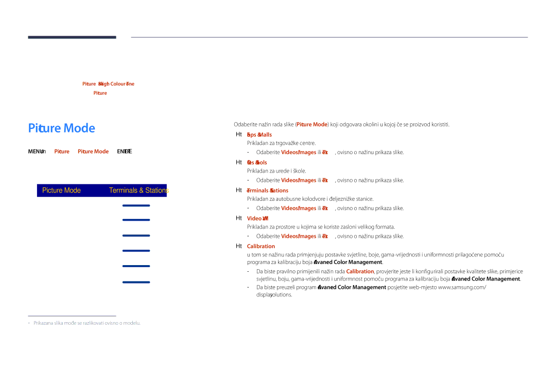 Samsung LH40DHDPLGC/EN manual Prilagodba zaslona, Menu m → Picture → Picture Mode → Enter E 