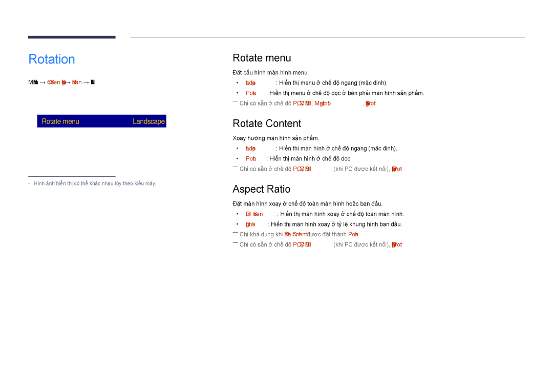 Samsung LH48DHDPLGC/XY, LH40DHDPLGC/XY, LH55DHDPLGC/XY manual Rotation, Rotate menu, Rotate Content, Aspect Ratio 