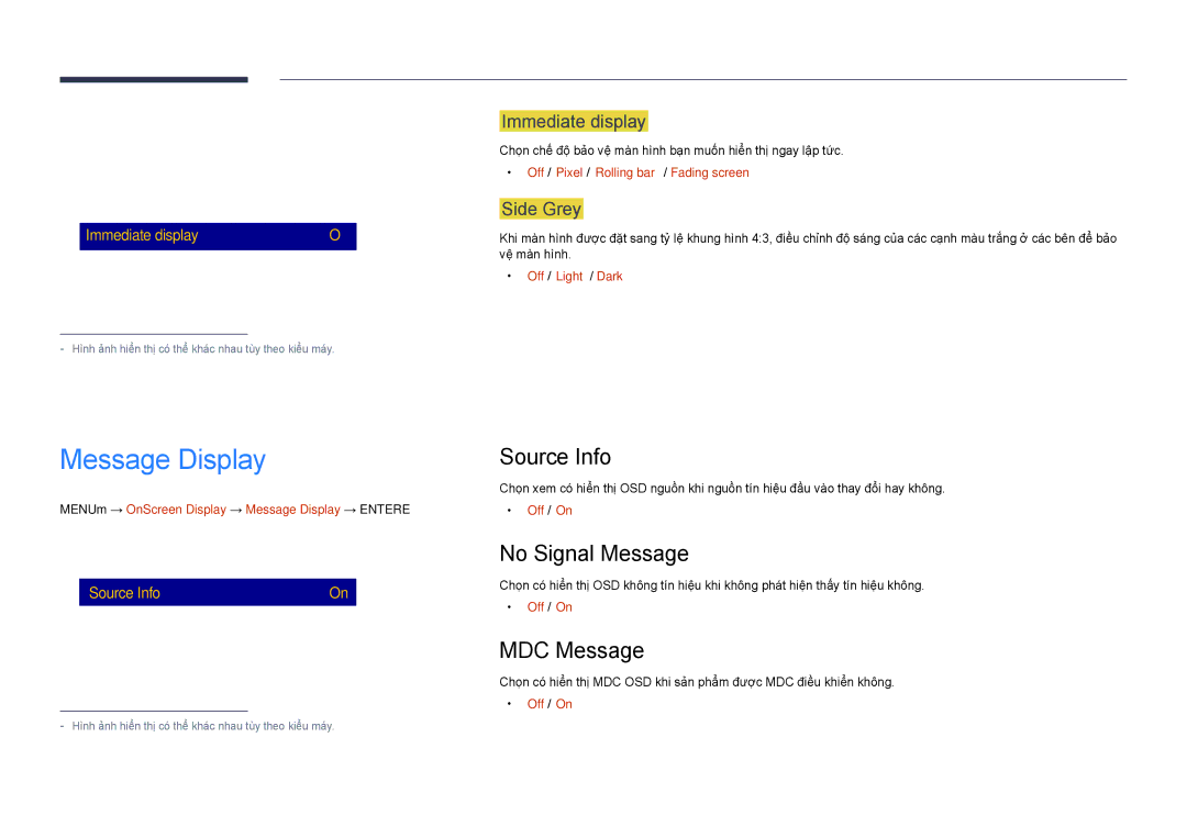 Samsung LH48DHDPLGC/XY, LH40DHDPLGC/XY, LH55DHDPLGC/XY manual Message Display, Source Info, No Signal Message, MDC Message 