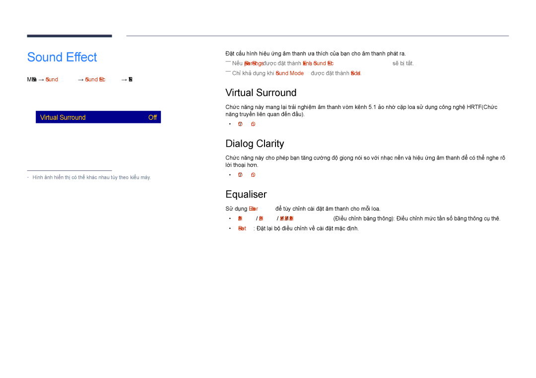 Samsung LH55DHDPLGC/XY, LH40DHDPLGC/XY, LH48DHDPLGC/XY manual Sound Effect, Virtual Surround, Dialog Clarity, Equaliser 