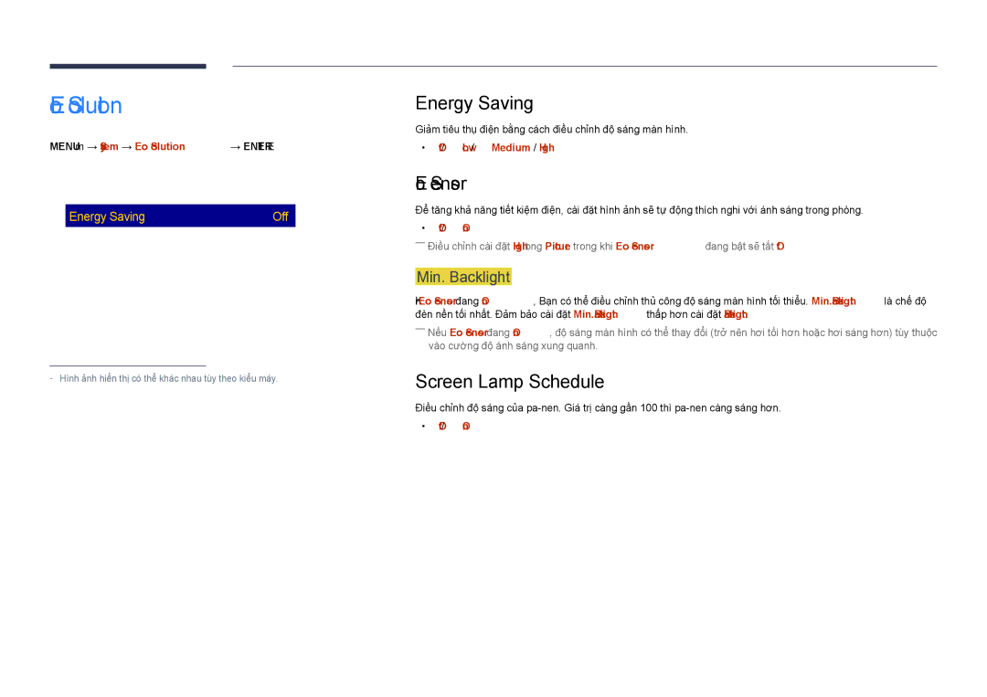 Samsung LH40DHDPLGC/XY, LH48DHDPLGC/XY, LH55DHDPLGC/XY manual Eco Solution, Energy Saving, Eco Sensor, Screen Lamp Schedule 