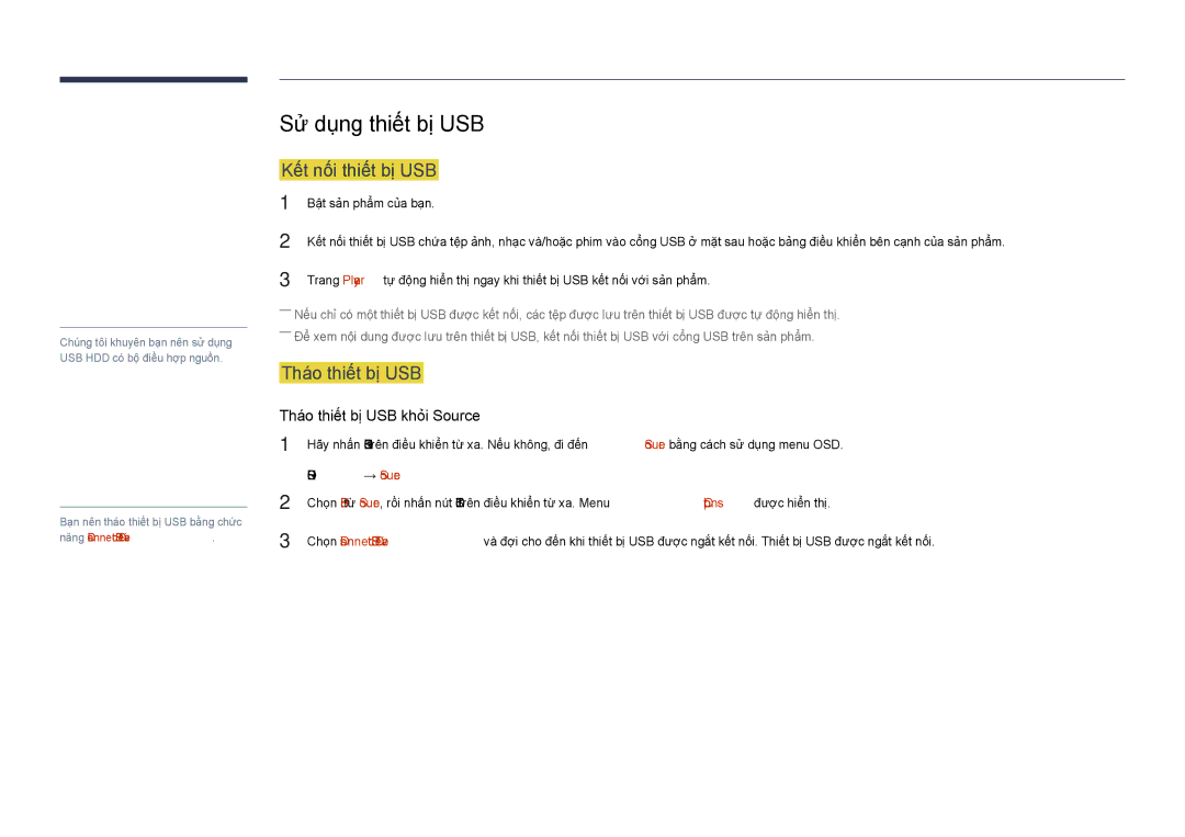 Samsung LH48DHDPLGC/XY, LH40DHDPLGC/XY manual Sử dụng thiết bị USB, Kết nối thiết bị USB, Tháo thiết bị USB 
