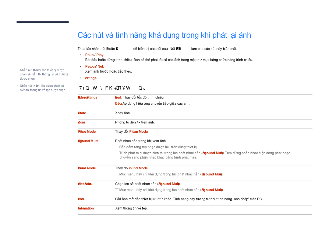 Samsung LH55DHDPLGC/XY manual Pause / Play, Previous / Next, Slideshow Settings, Rotate, Zoom, Select Speakers, Information 