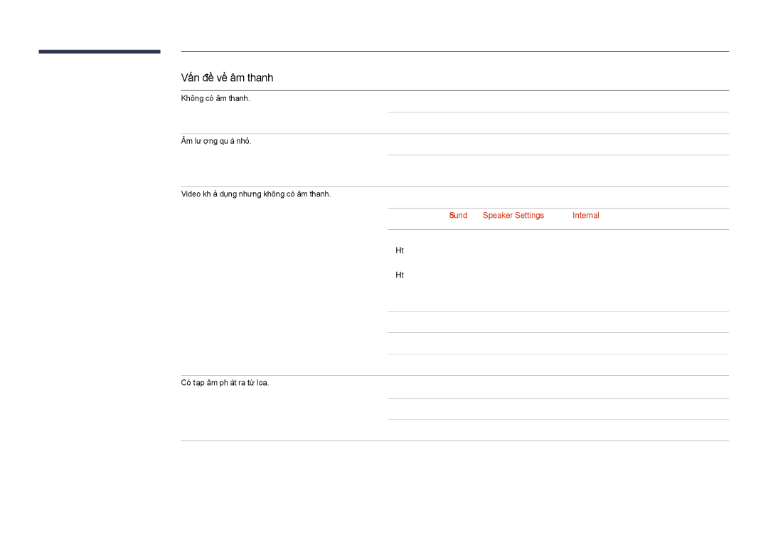 Samsung LH40DHDPLGC/XY, LH48DHDPLGC/XY manual Vấn đề về âm thanh, Đi tới Sound và̀ thay đổi Speaker Settings thà̀nh Internal 