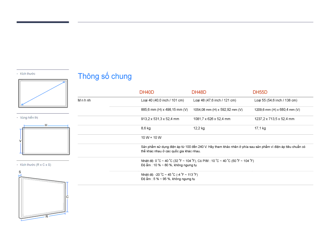 Samsung LH40DHDPLGC/XY, LH48DHDPLGC/XY, LH55DHDPLGC/XY manual Các thông số kỹ thuật, Thông sô chung, Tên môđen 